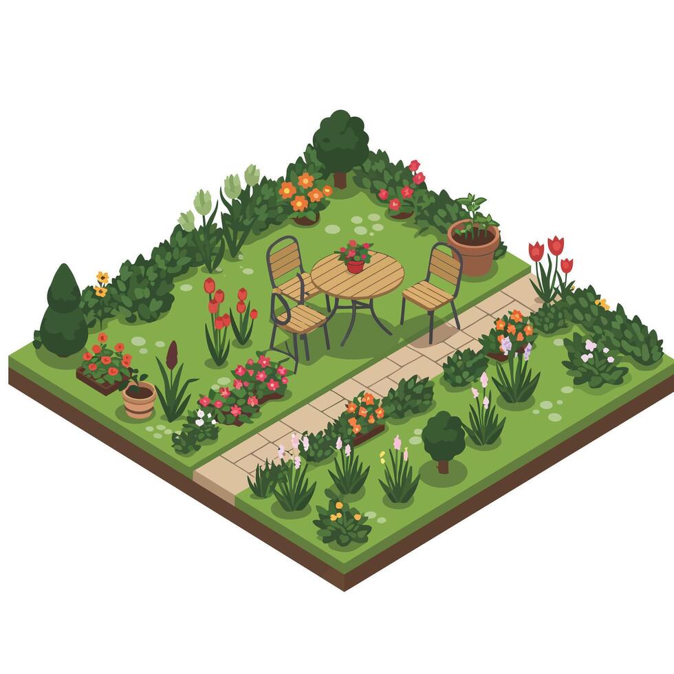Cozy garden scene with flowers and furniture in flat art vector