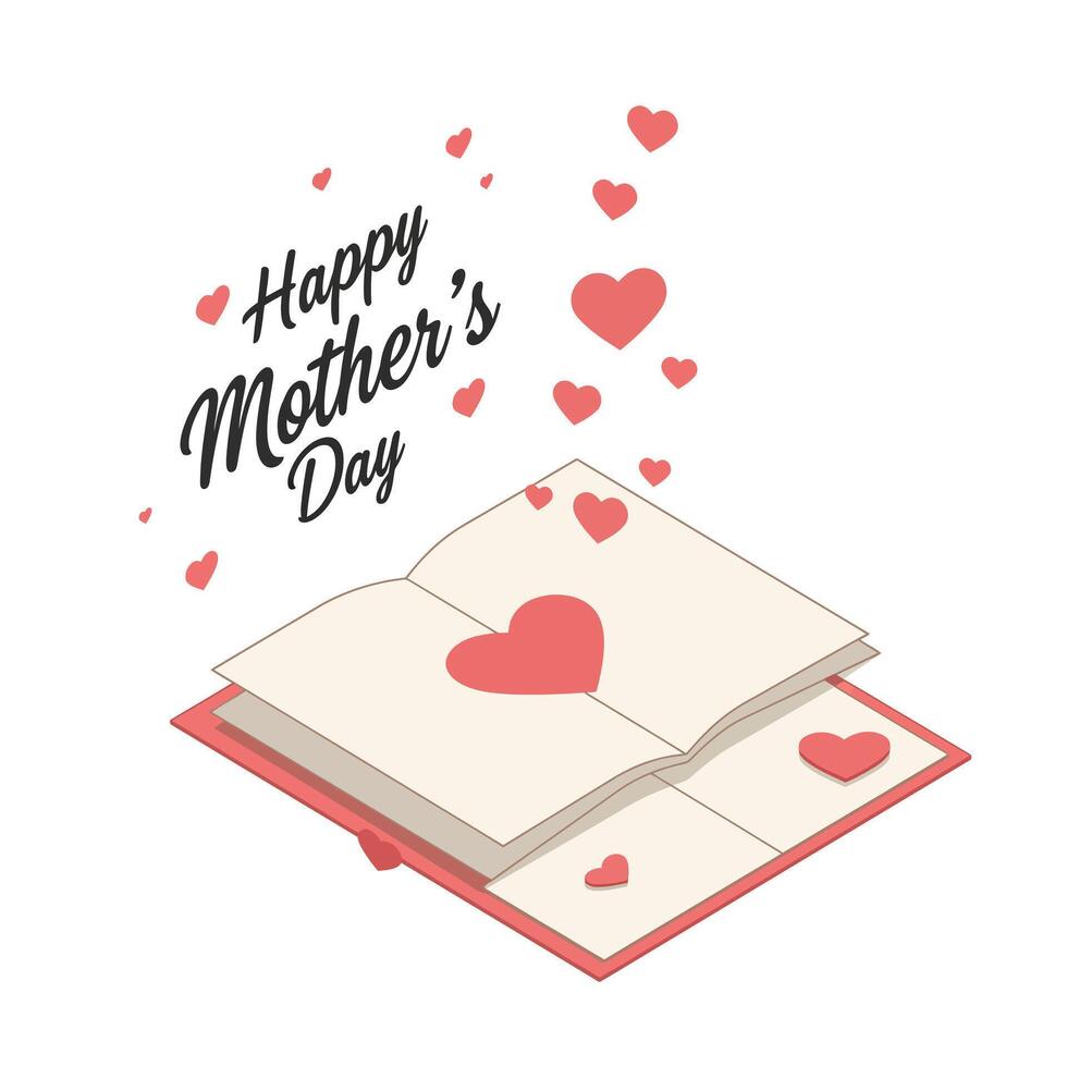 Open greeting card design with hearts in flat art style for Mother ss Day celebration vector