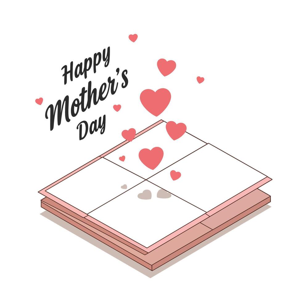 Open greeting card design with hearts in flat art style for Mothers Day celebration vector