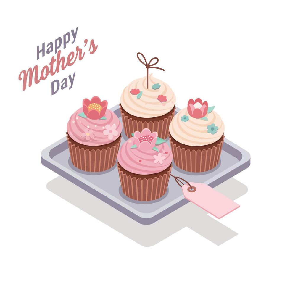 Cupcake assortment for Mothers Day in flat design art vector