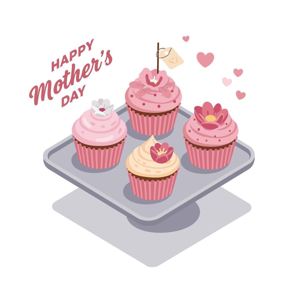 Colorful cupcakes on a tray for Mothers Day in flat art vector