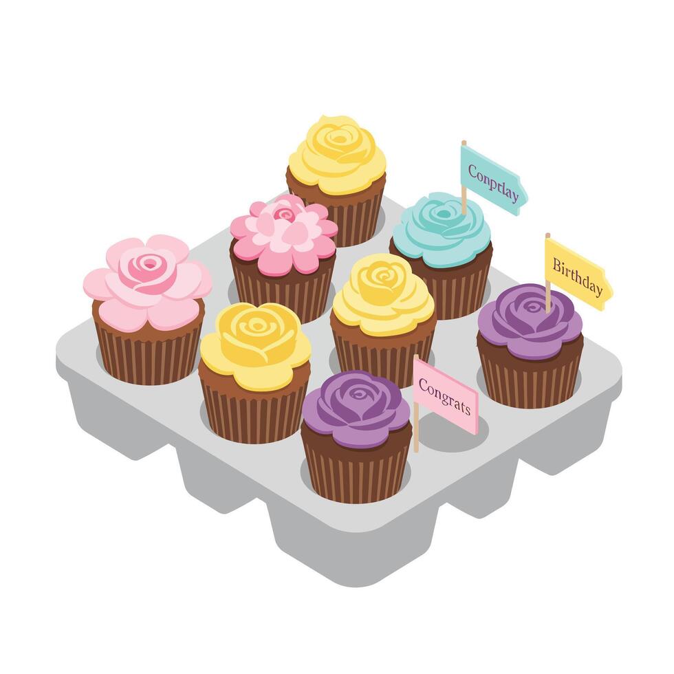 Colorful cupcakes with decorative frosting in a minimal illustration vector