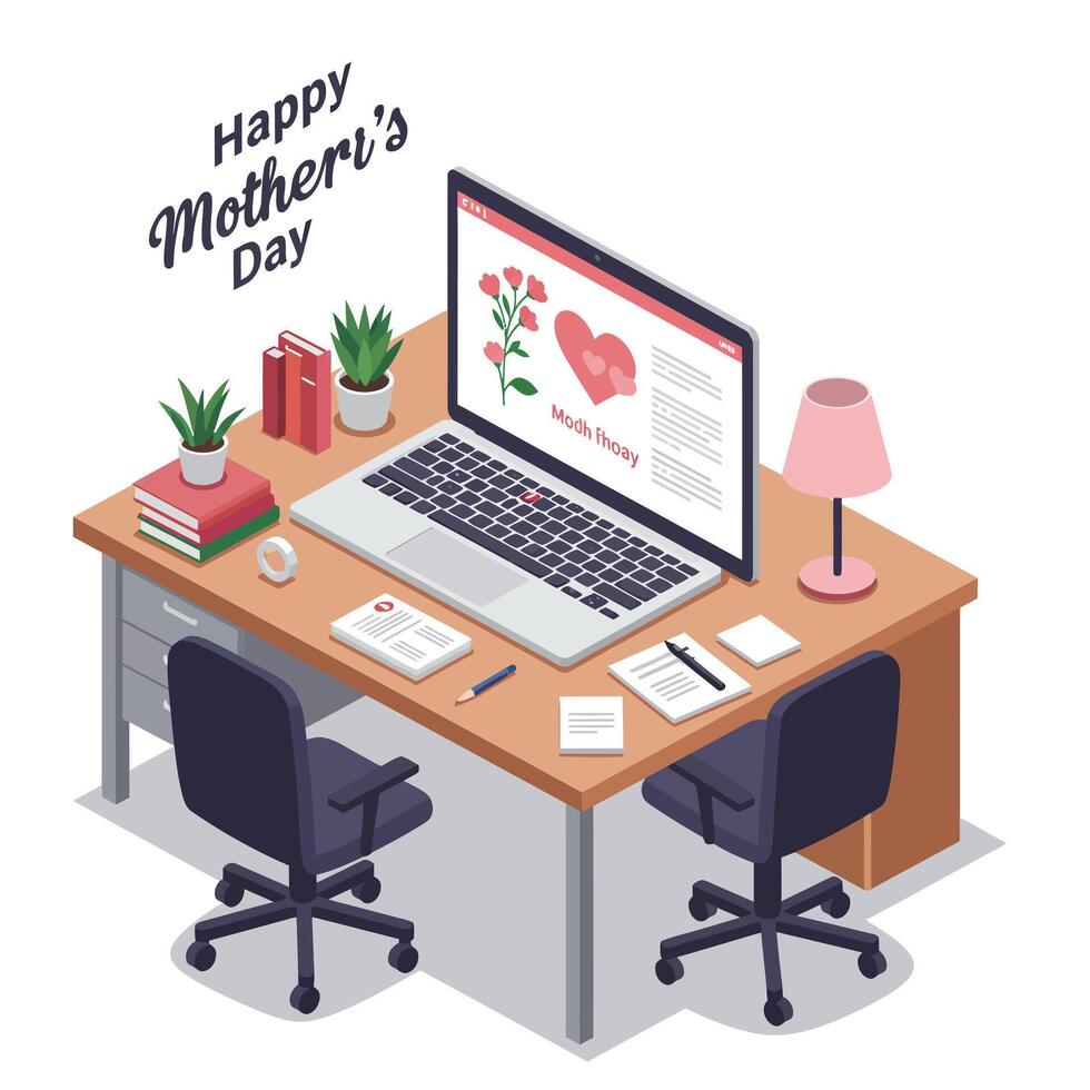 Home office workspace with Mothers Day theme in detailed illustration vector