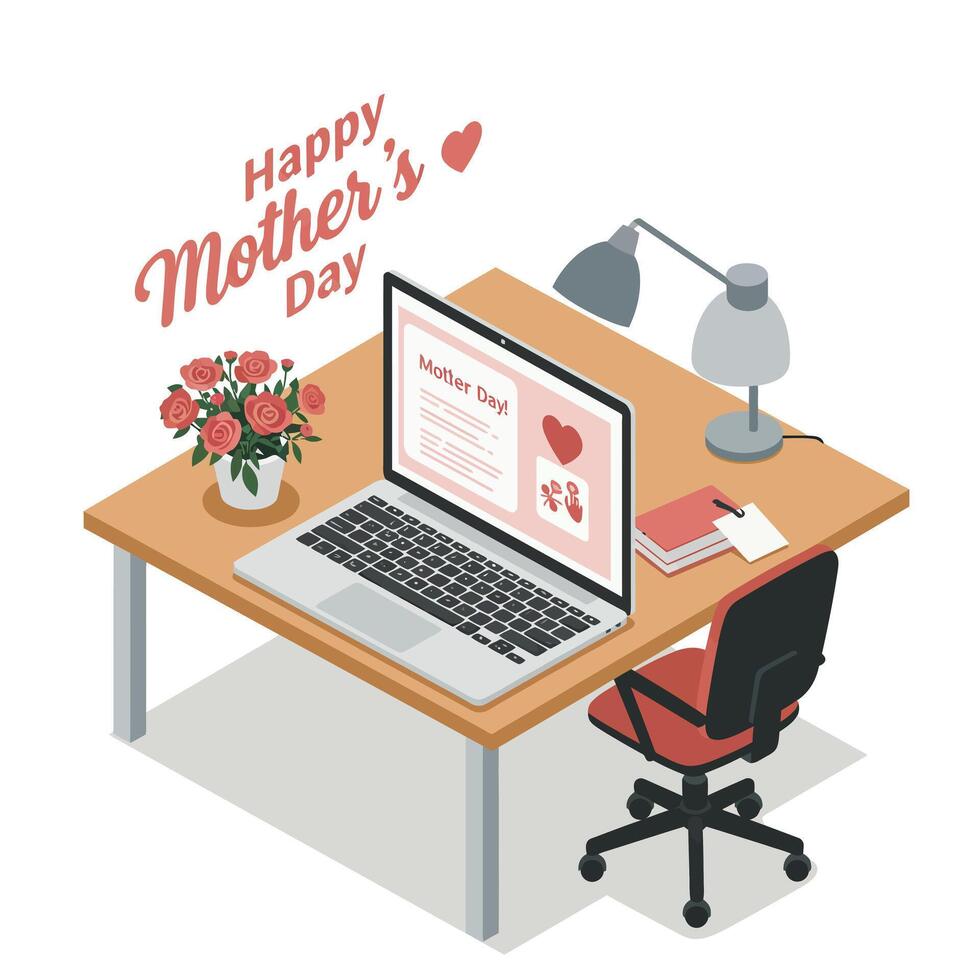 Mothers Day celebration with desk setup in flat art style featuring flowers and laptop vector