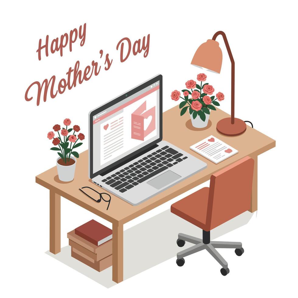 Cozy workspace with flowers and laptop in flat art style for Mothers Day celebration vector
