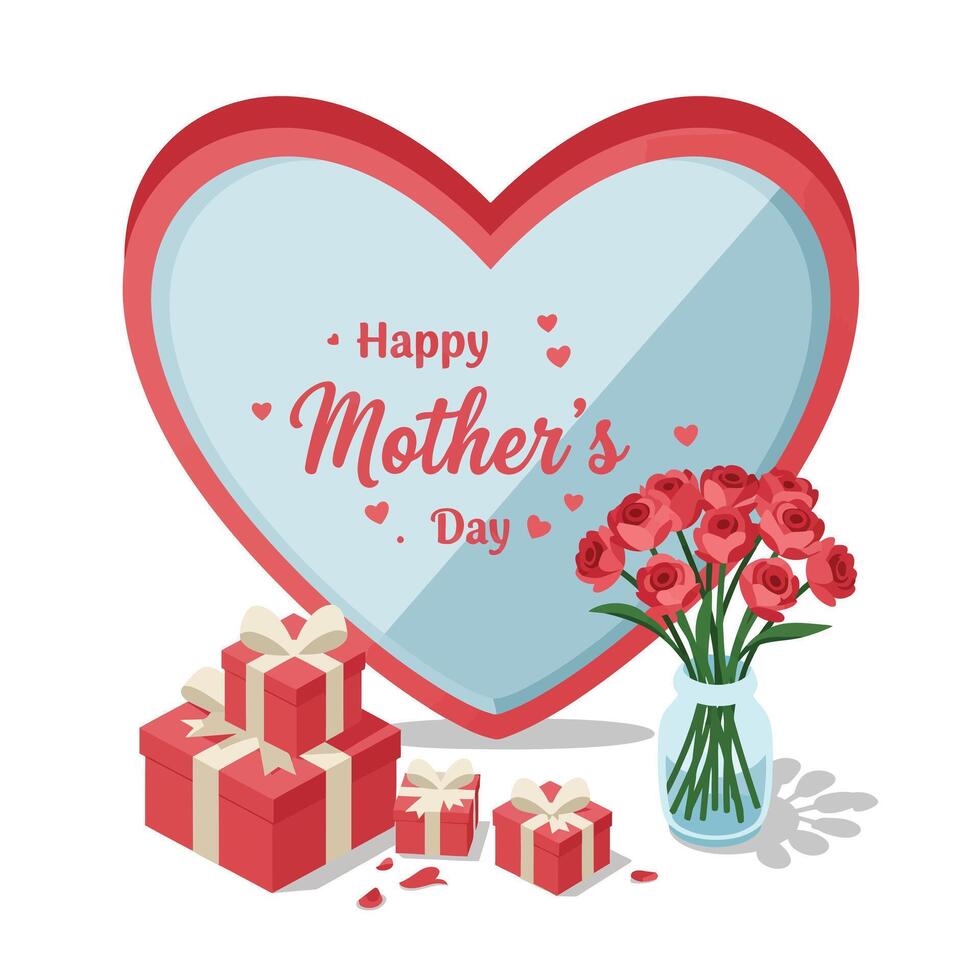 Heart-shaped design with gifts and flowers in flat art vector