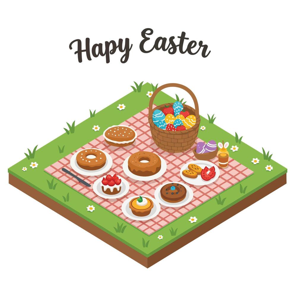 Easter picnic scene with treats and basket in flat art style vector