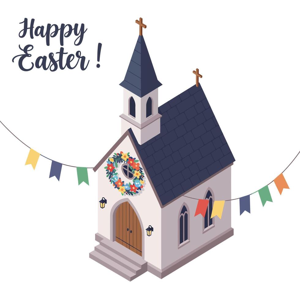 Charming church building with festive decorations in flat style art vector