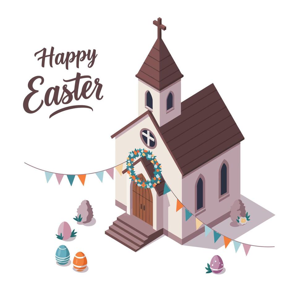 Charming Easter church scene with festive decorations in minimal art vector