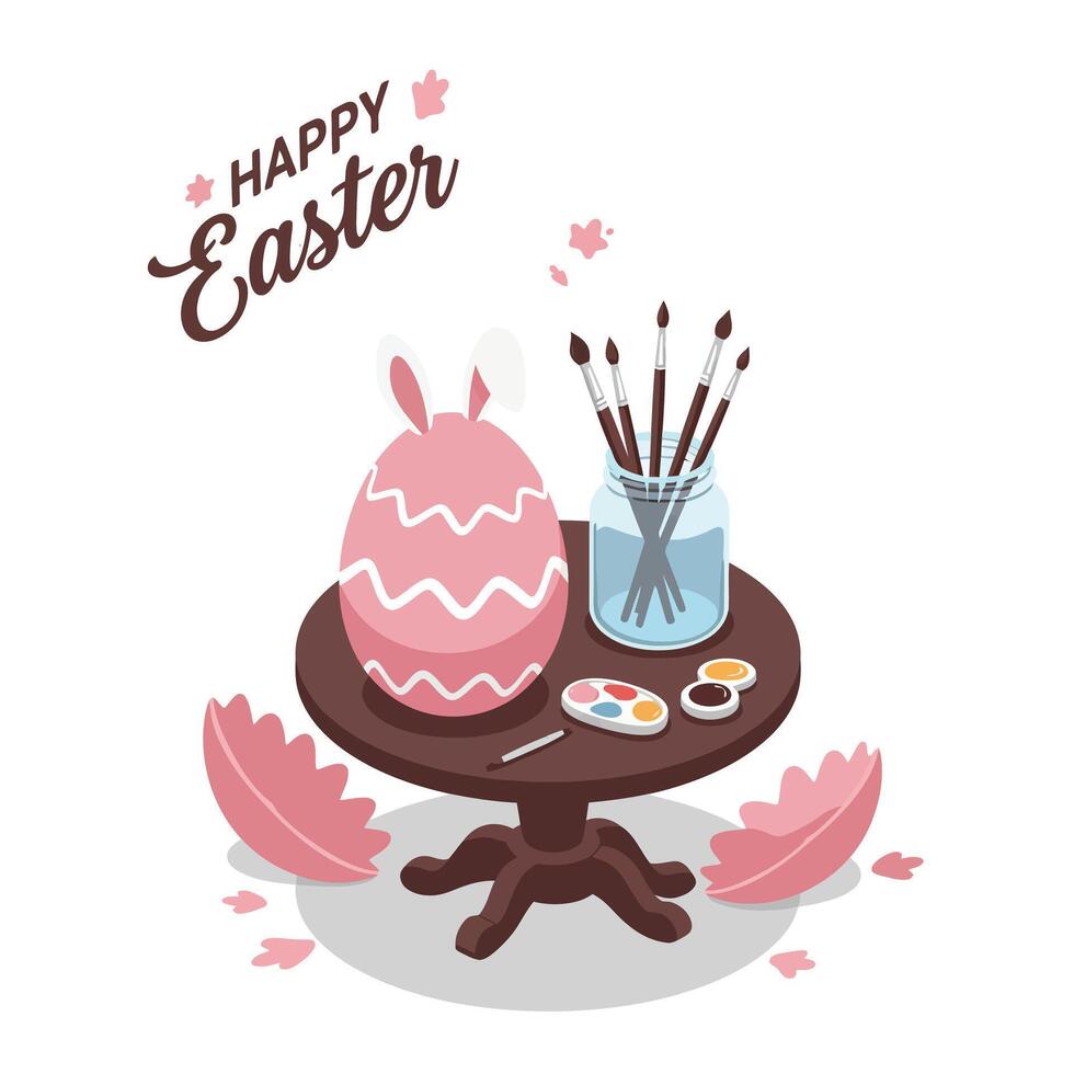 Easter celebration scene with decorated egg and painting tools in flat art vector
