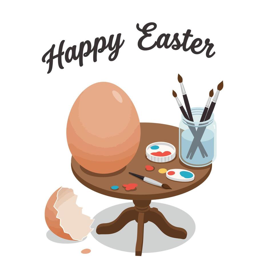 Large Easter egg on table with paint supplies in flat art vector