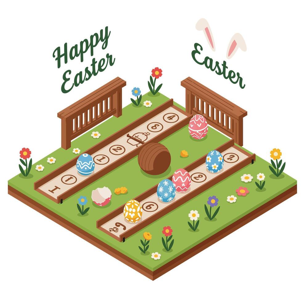 Easter egg hunt scene with playful elements in flat art vector