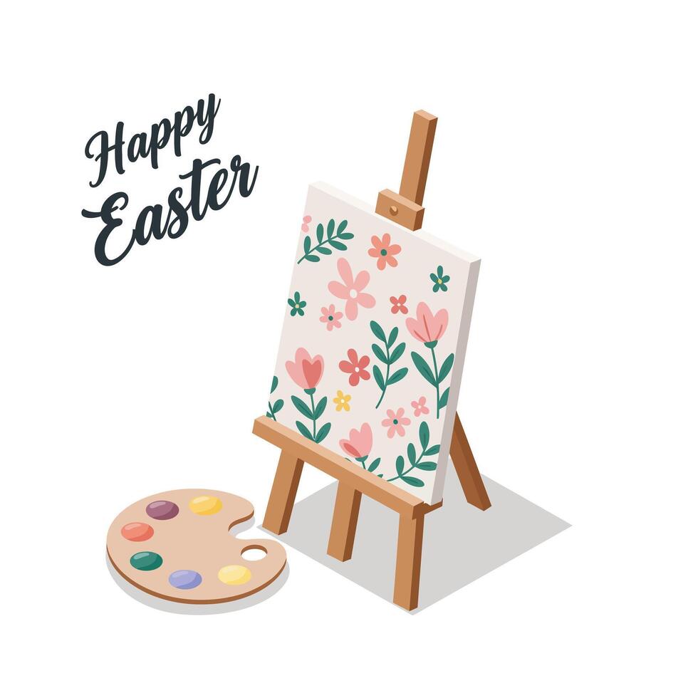 Colorful Easter-themed painting on easel with paint palette in flat art vector