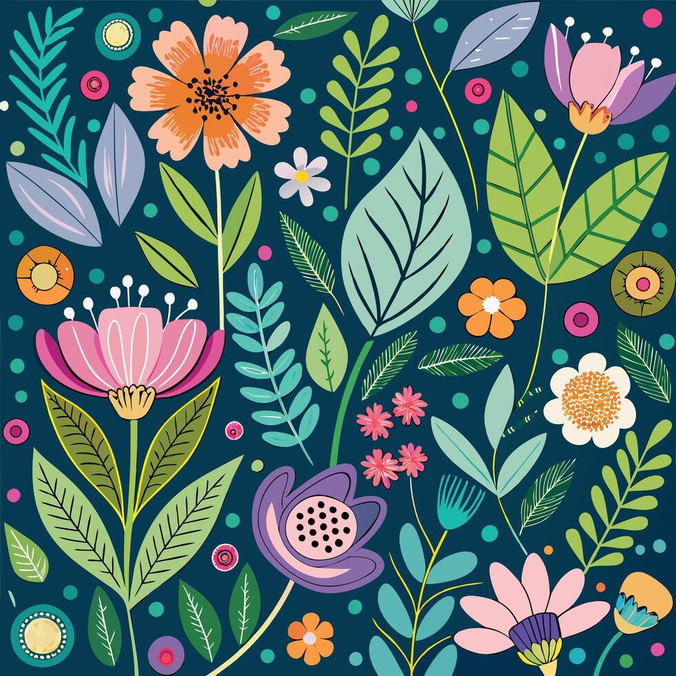 Spring Meadow with Dancing Flowers and Delicate Leaves in Pattern vector