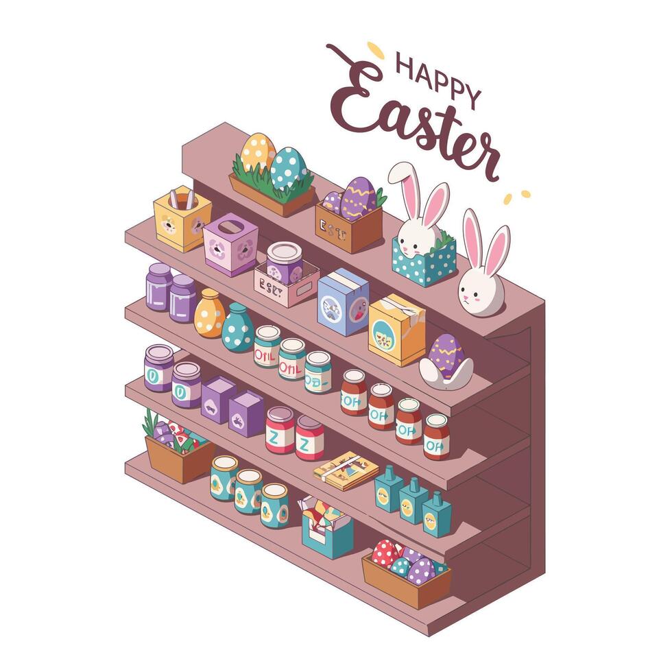 Easter themed display with colorful decorations in flat art vector