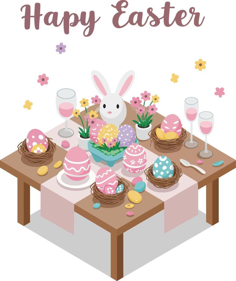 Easter celebration scene featuring colorful eggs and bunny in flat art vector