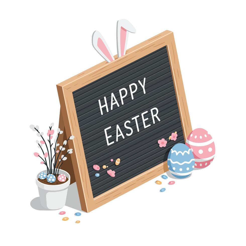 Cute Easter decoration with chalkboard message and colorful eggs in flat art vector