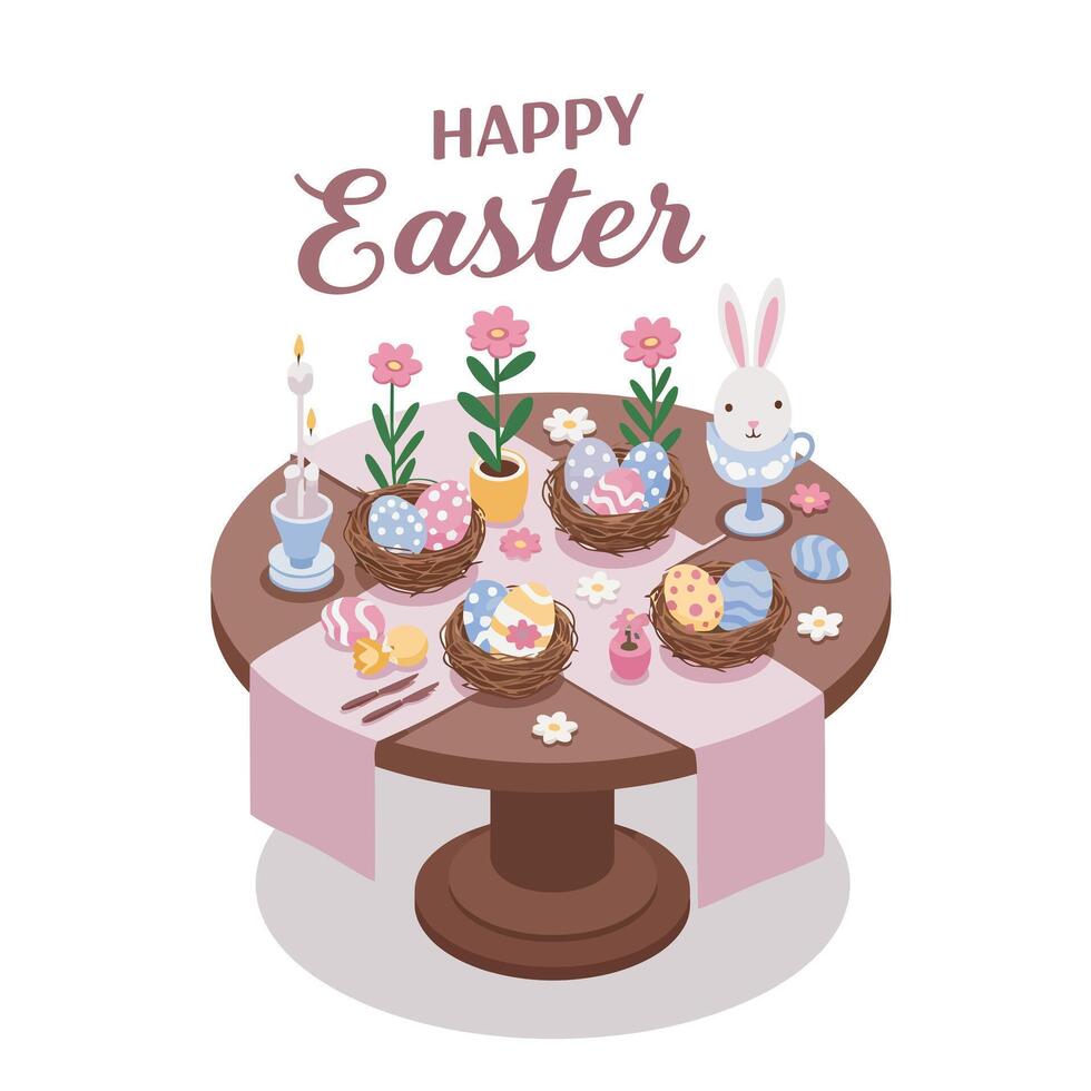 Easter celebration scene with bunny and decorated eggs in flat art vector