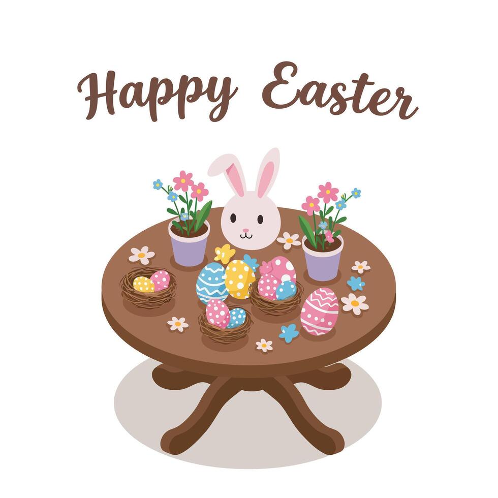 Bunny surrounded by Easter eggs and flowers on a round table in flat art vector