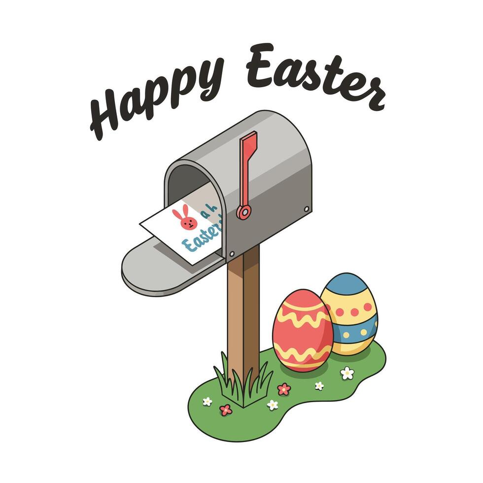Easter mailbox with colorful eggs and greeting text in flat art vector