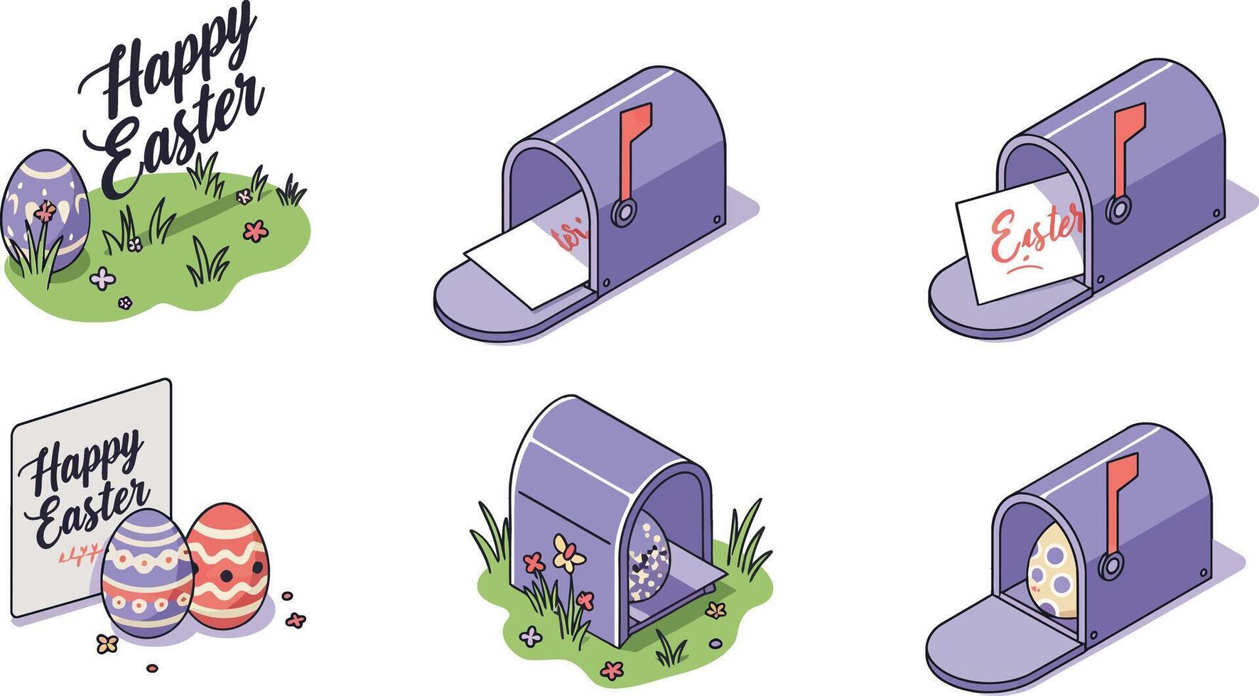 Colorful Easter eggs and cheerful mailbox design in minimal art vector