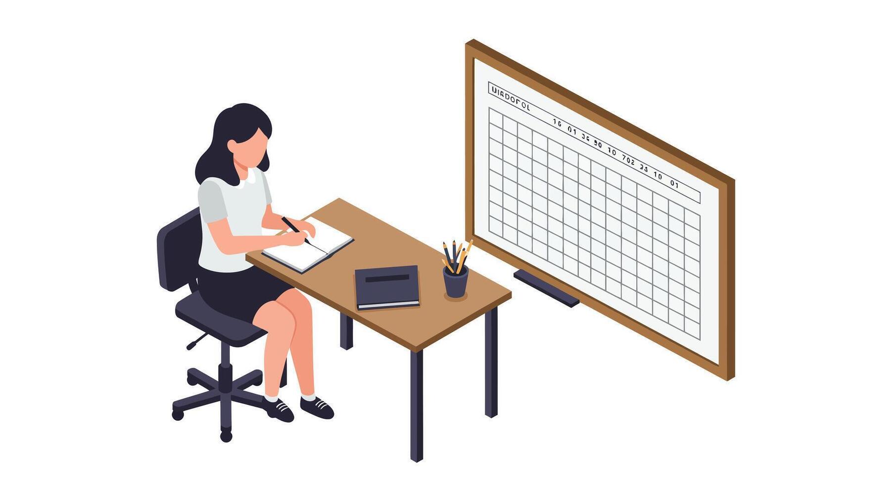 Woman working at office desk with documents and digital tablet in modern flat style illustration vector