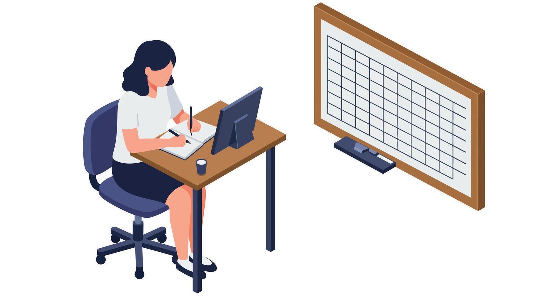 Woman working at desk with computer and calendar board in minimal flat design illustration vector