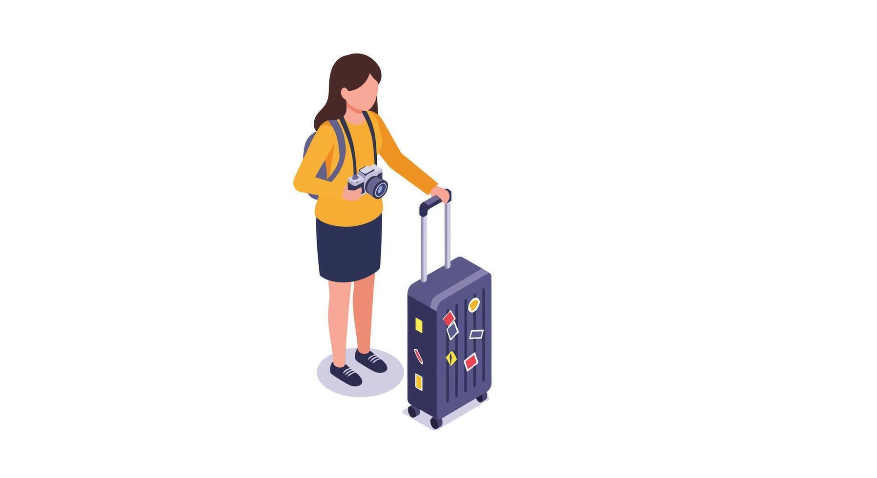 Young woman traveler with suitcase and camera wearing casual clothes in flat minimal style illustration vector