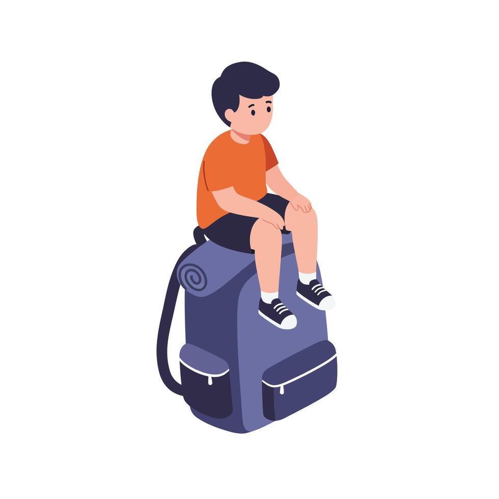 Young boy sitting on large blue backpack with rolled mat in flat design style illustration vector