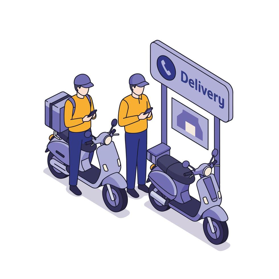 Two delivery workers standing next to scooters checking phones in isometric flat style illustration vector