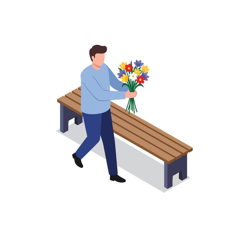 Man holding colorful flower bouquet walking past wooden bench in minimal flat design illustration vector