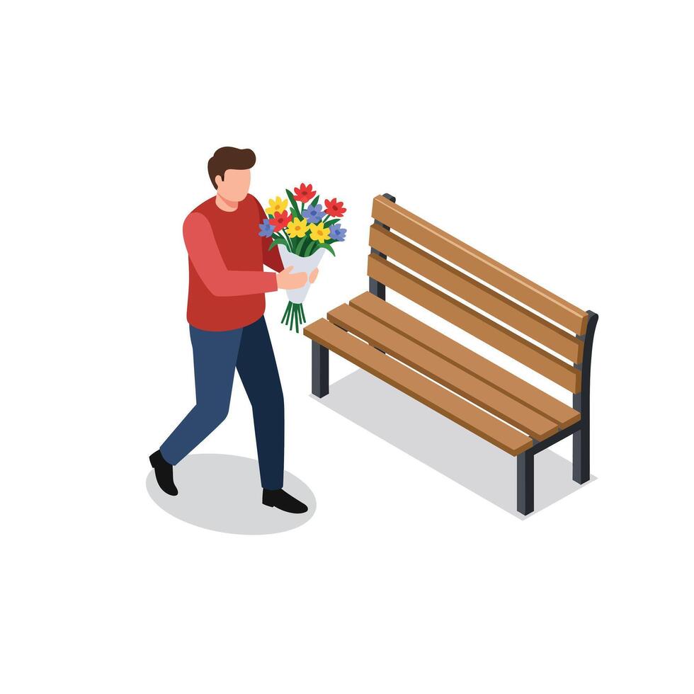 Man holding colorful bouquet walking towards wooden park bench flat isometric style illustration vector