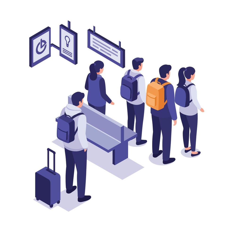 Group of diverse young adults standing in line with backpacks and luggage in modern flat style illustration vector