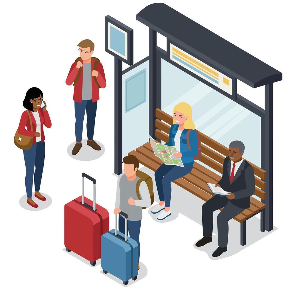 Diverse group of travelers waiting at modern bus stop with luggage in flat isometric style illustration vector