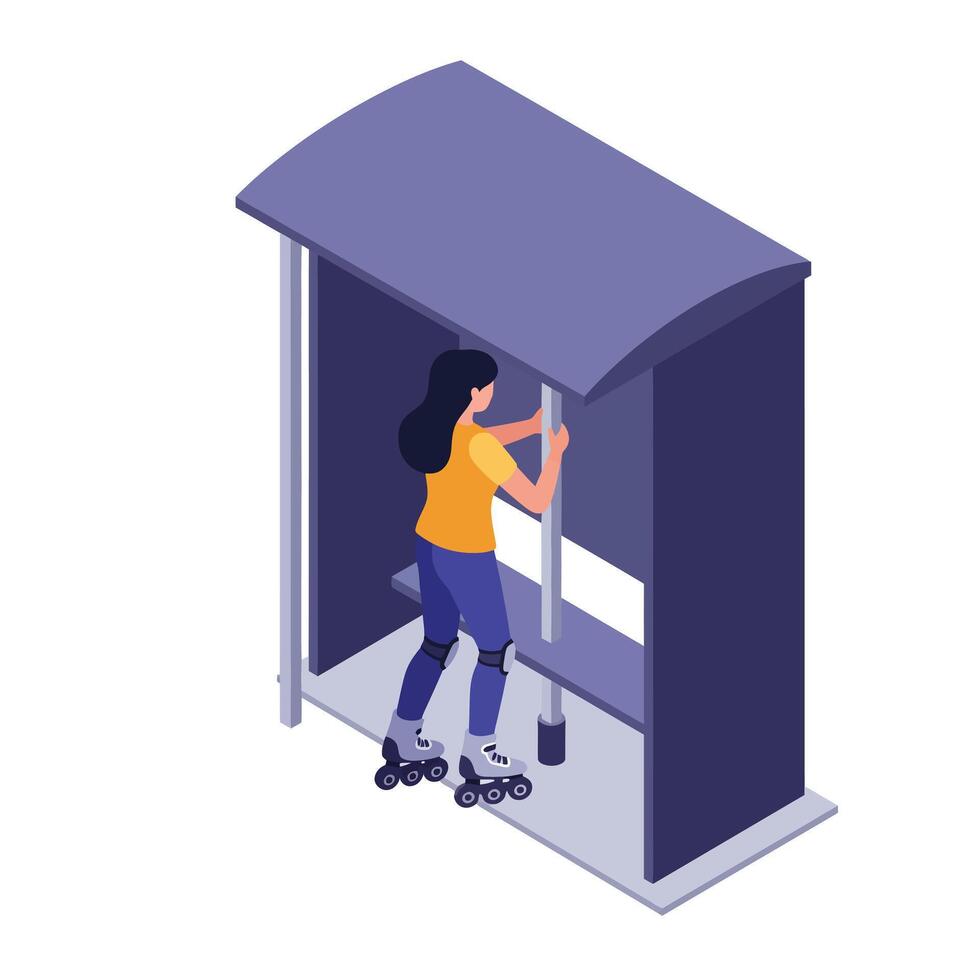 Young woman wearing roller skates holding pole inside modern flat bus stop shelter art vector