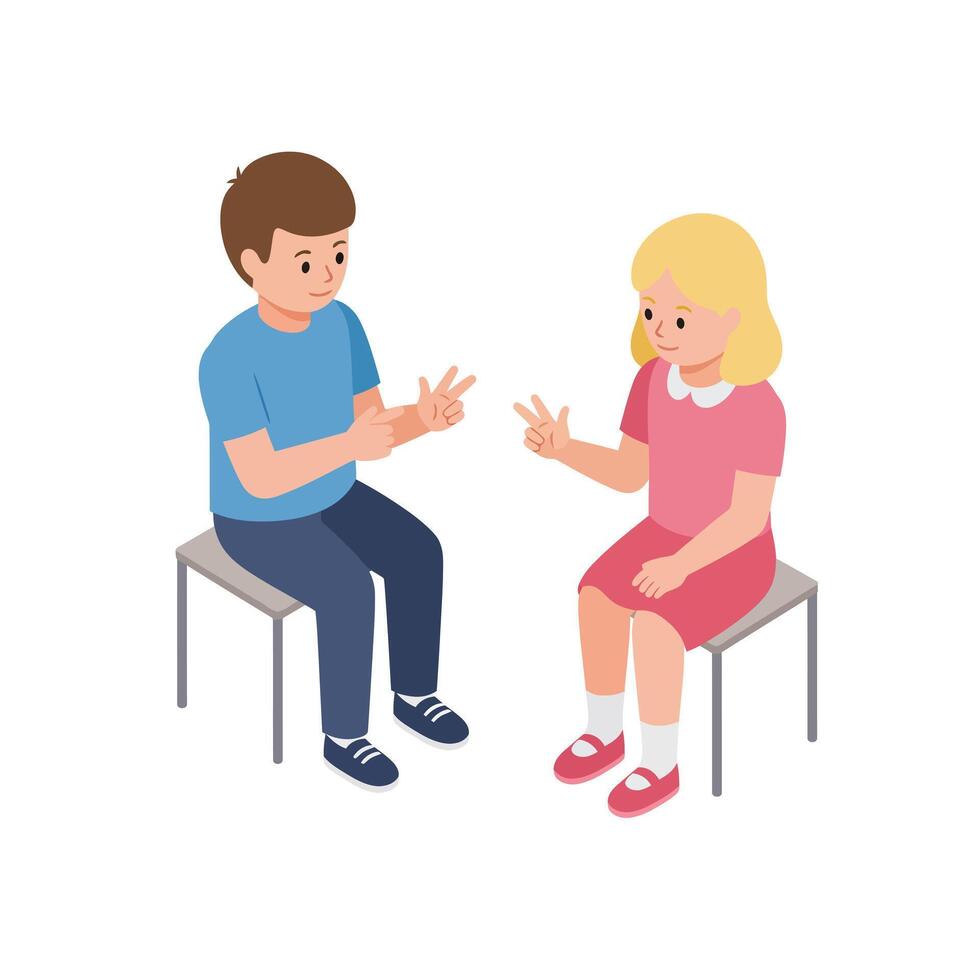 Two children playing rock paper scissors game sitting on chairs in flat style illustration vector