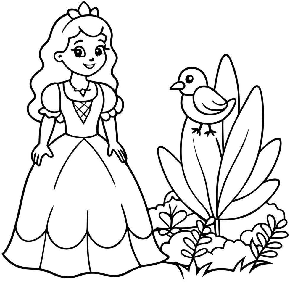 Captivating Princess in an Enchanted Garden with a Charming Avian Companion vector