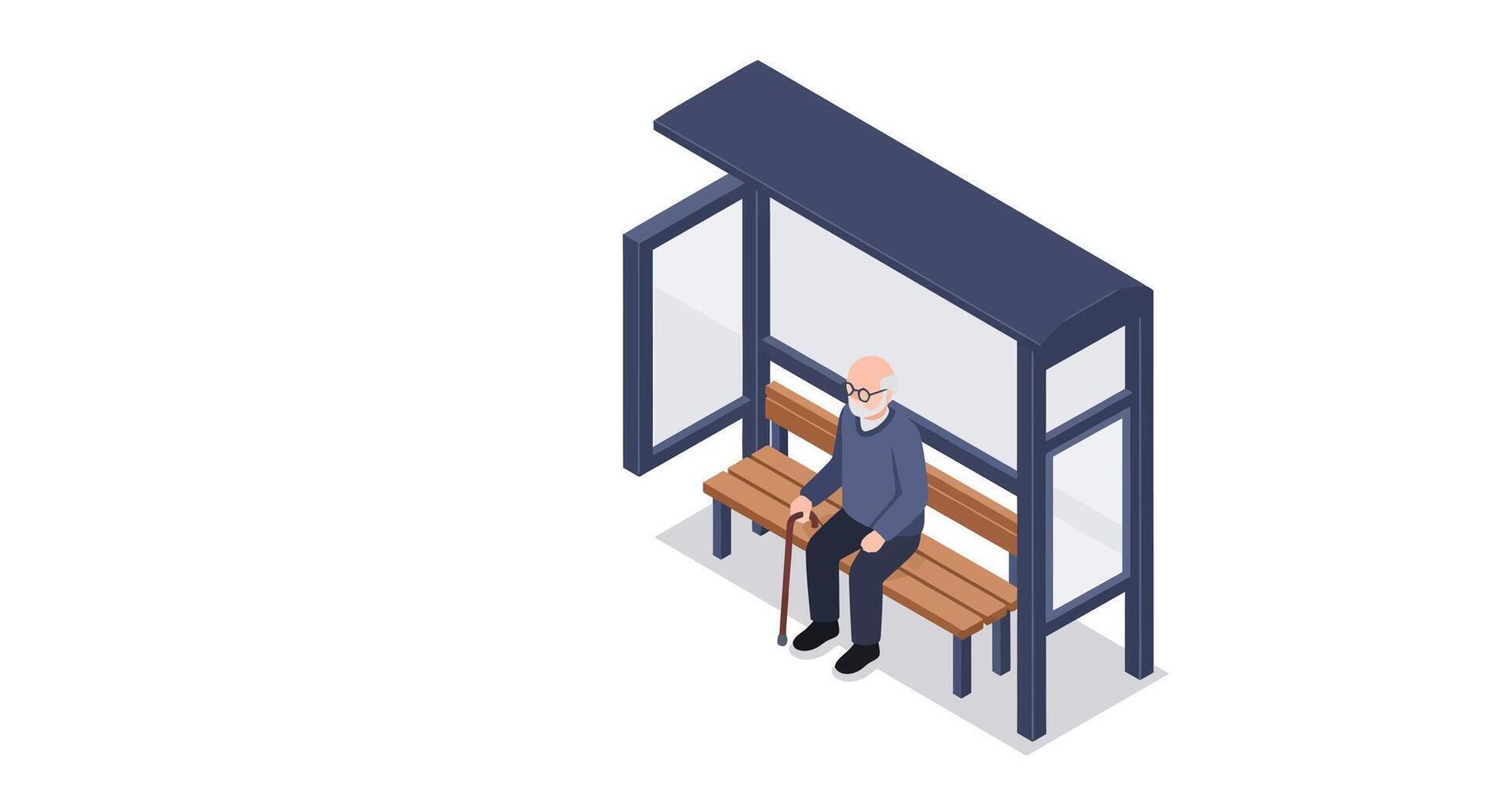 Elderly man sitting alone on wooden bench at minimalist bus stop shelter in isometric flat design illustration vector