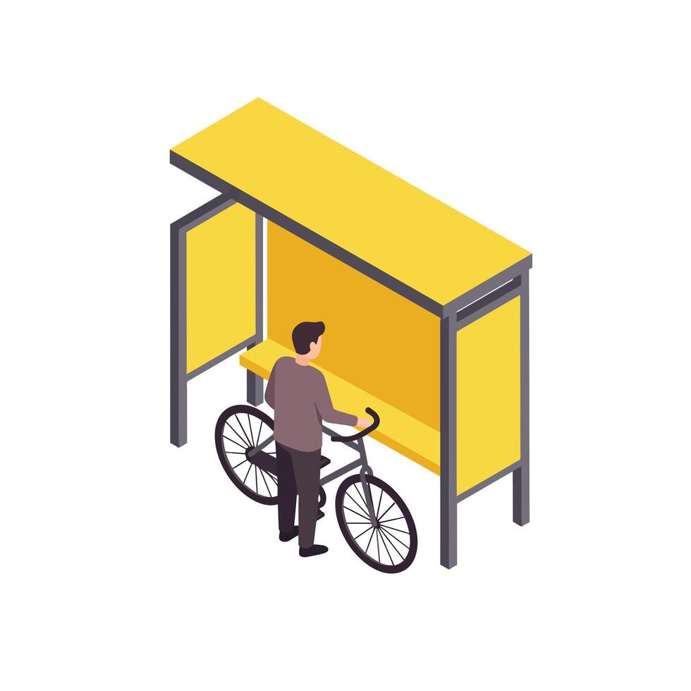 Man standing with bicycle at yellow sheltered bike parking area in isometric flat design illustration vector