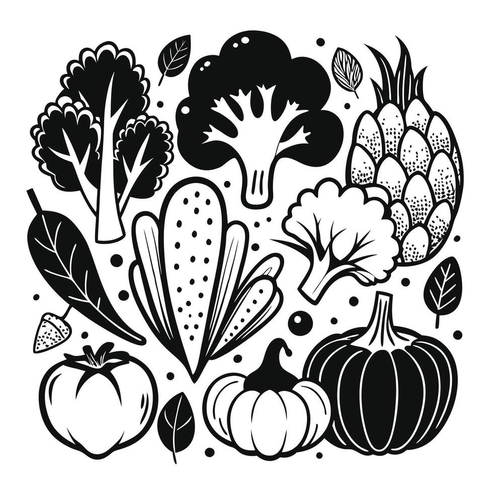 Cartoon Collection of Black and White Vegetables in Fun and Whimsical Illustrations vector