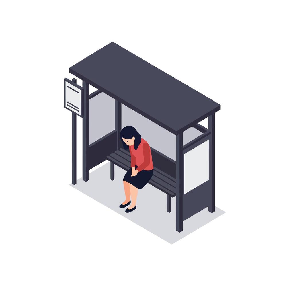 Woman sitting alone at modern bus stop shelter with glass panels in minimal isometric flat design illustration vector
