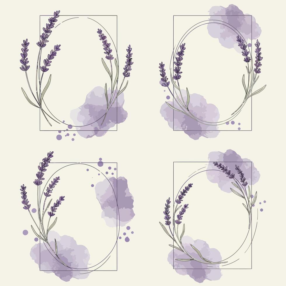 Lavender sprigs with soft purple watercolor shapes in minimalist frames flat design illustration vector