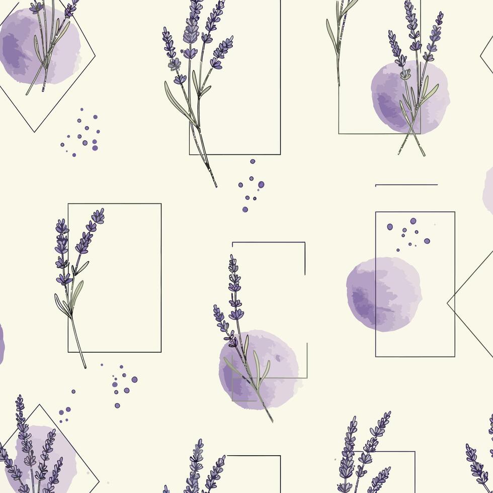 Lavender sprigs with abstract purple watercolor shapes and minimal geometric frames seamless pattern in flat style illustration vector