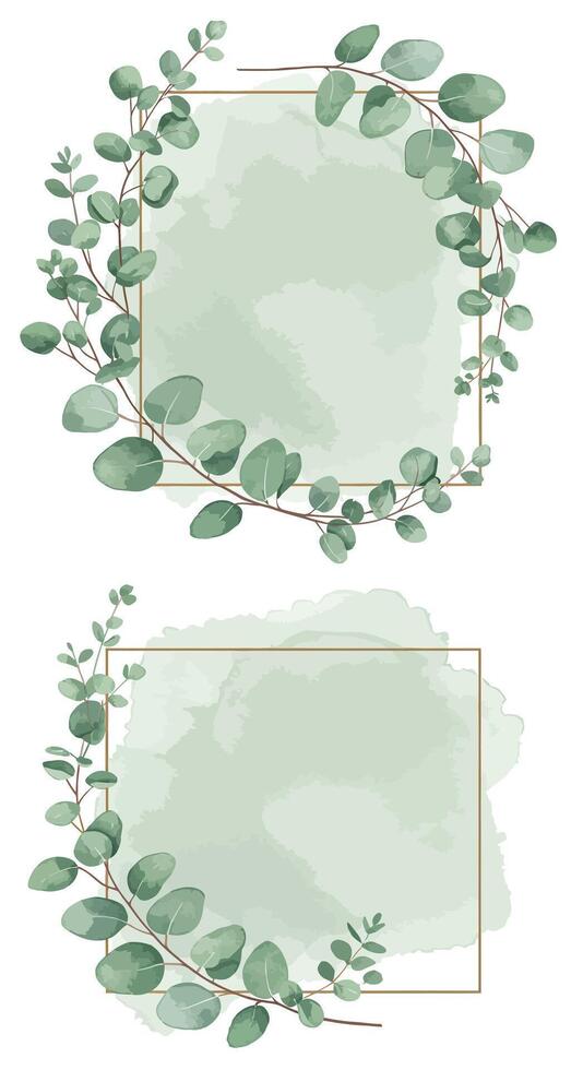 Eucalyptus leaves with delicate gold geometric frames in soft watercolor style minimal botanical illustration vector