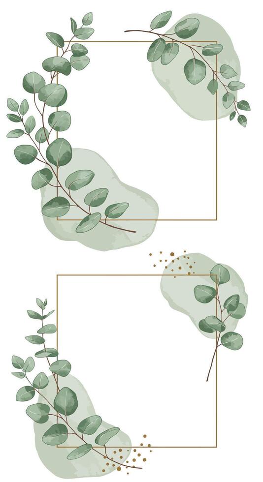 Green eucalyptus branches with delicate leaves and gold accents in minimal flat design with abstract shapes illustration vector