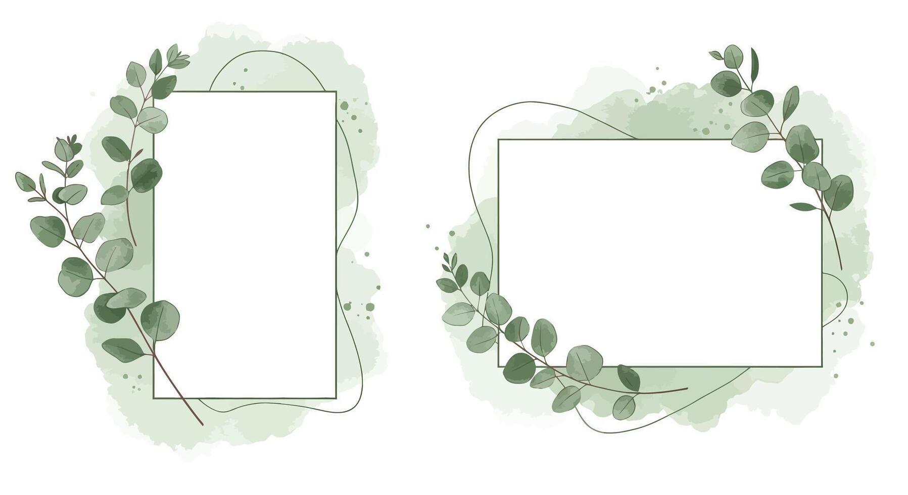 Green eucalyptus leaf frames with watercolor style background and delicate dotted lines minimal illustration vector
