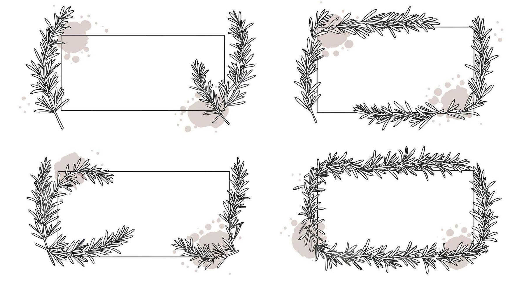 Elegant floral and leaf decorative frames with ink splashes in minimal black line style illustration vector