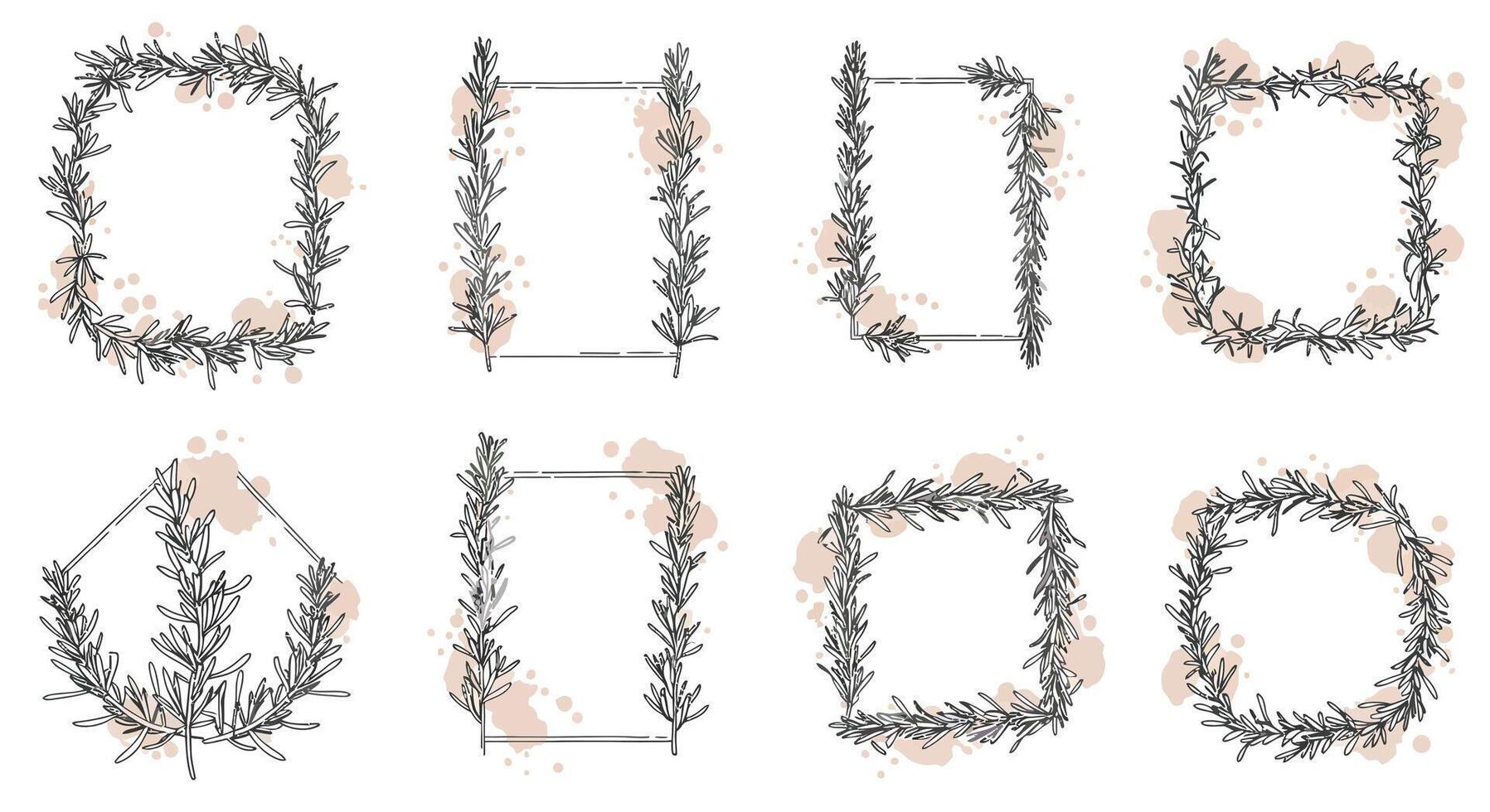 Decorative floral wreaths and frames with detailed botanical elements in delicate flat design illustration vector