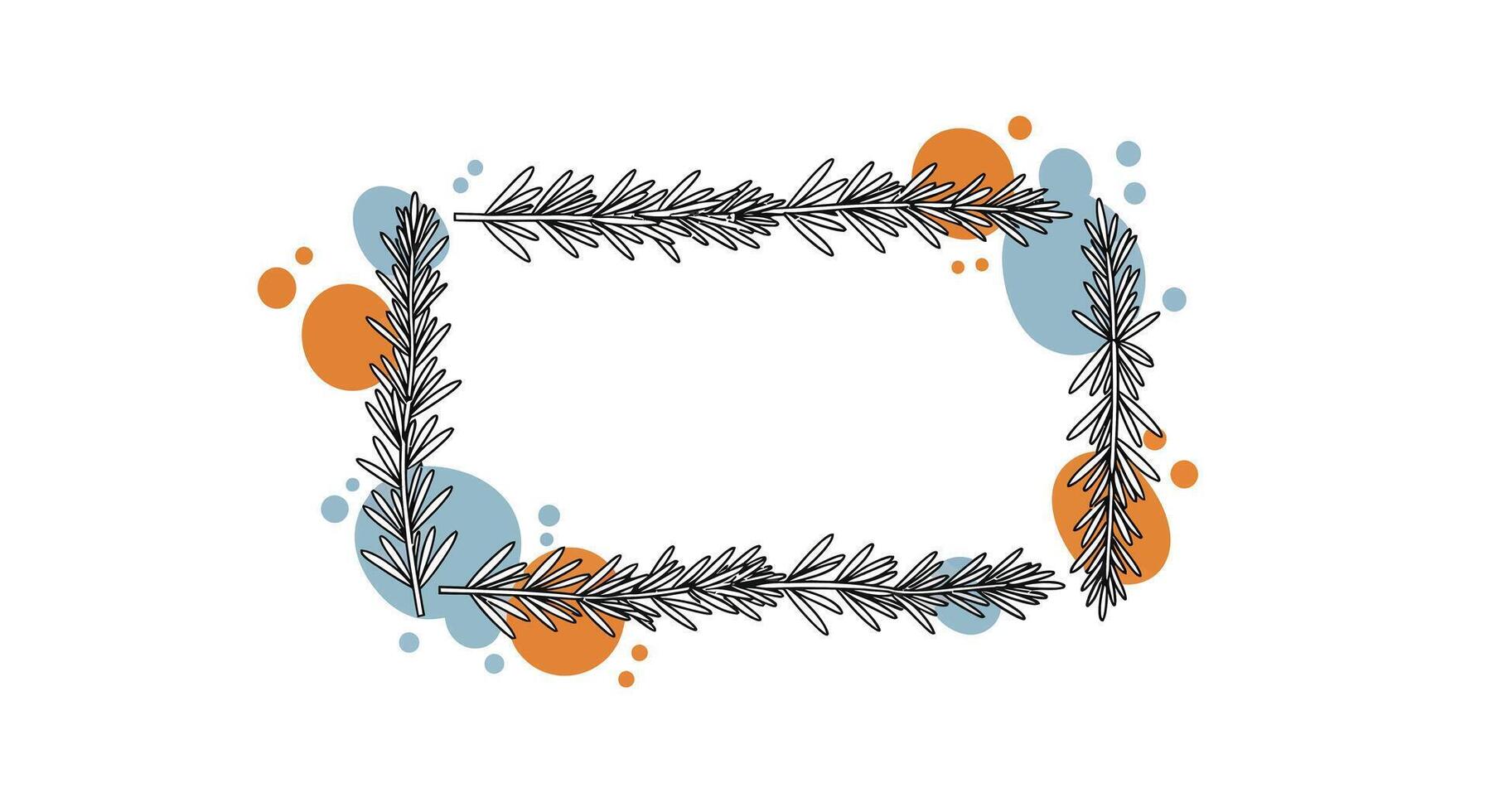 Decorative rectangular floral frame with black leaf branches and abstract blue and orange paint splashes in minimal flat style illustration vector