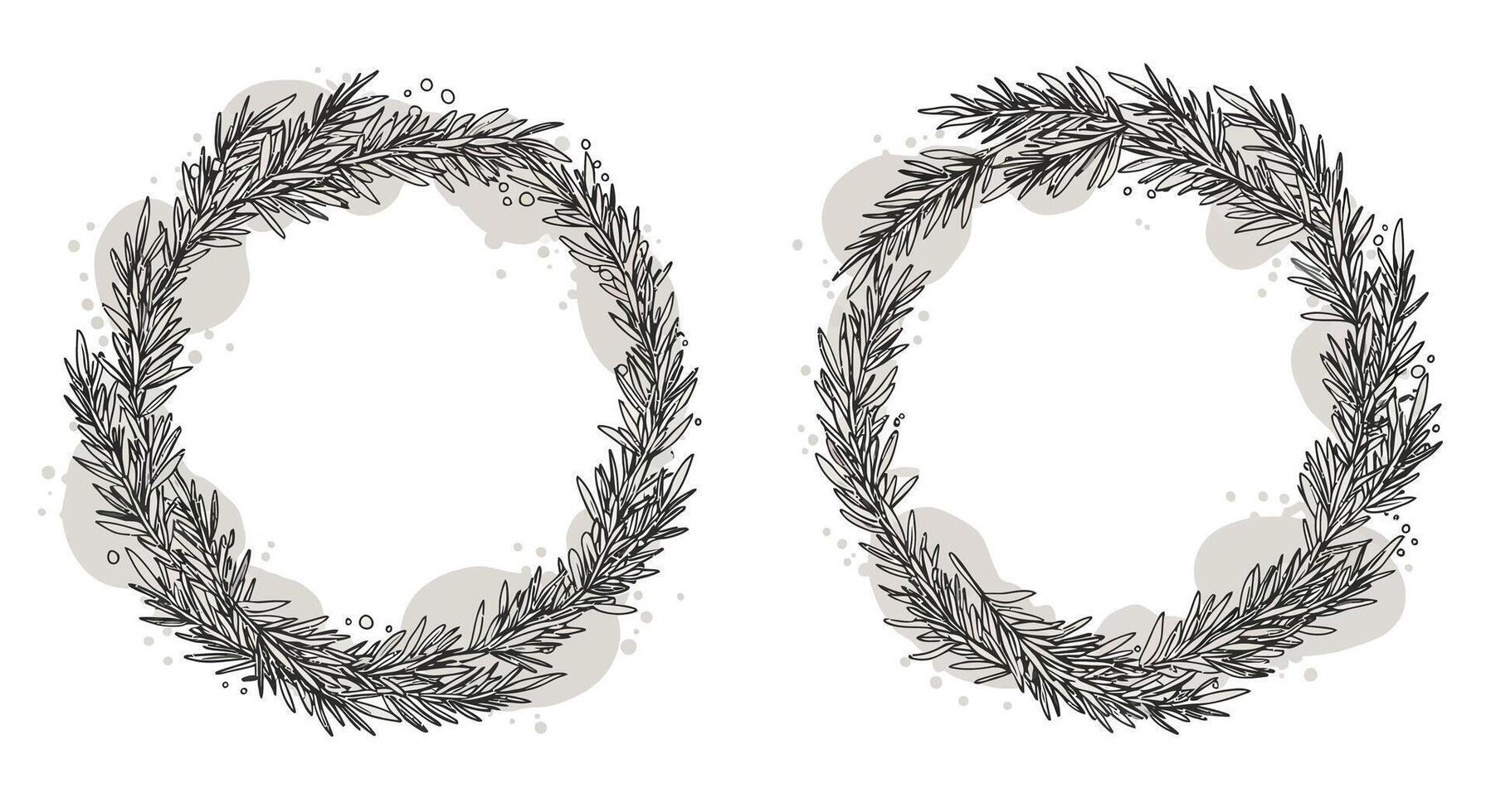 Two hand-drawn botanical wreaths with detailed leaf branches in monochrome style minimal illustration vector